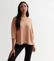 New Look Camel Ribbed Fine Knit V Neck Batwing Top